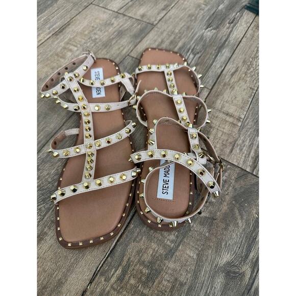 Steve Madden Women's Cream Sunnie Studded Gladiator Flat Sandals Size 8 - Picture 5 of 10